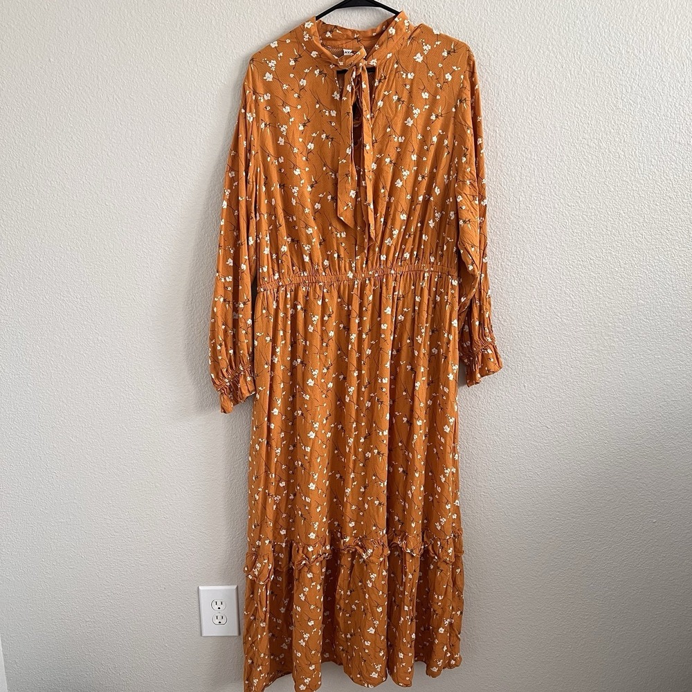 1X XL Floral Maxi Tiered Dress Cottagecore Boho Prairie Bow Ruffles Yellow - Picture 2 of 12
